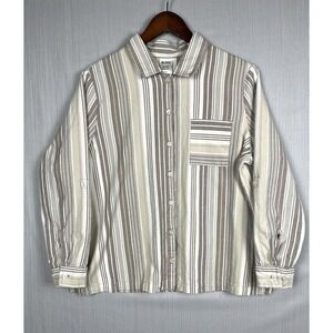 Cotton Linen Button Down Women L Tan Striped Blair Roll Tab Sleeve Minimal